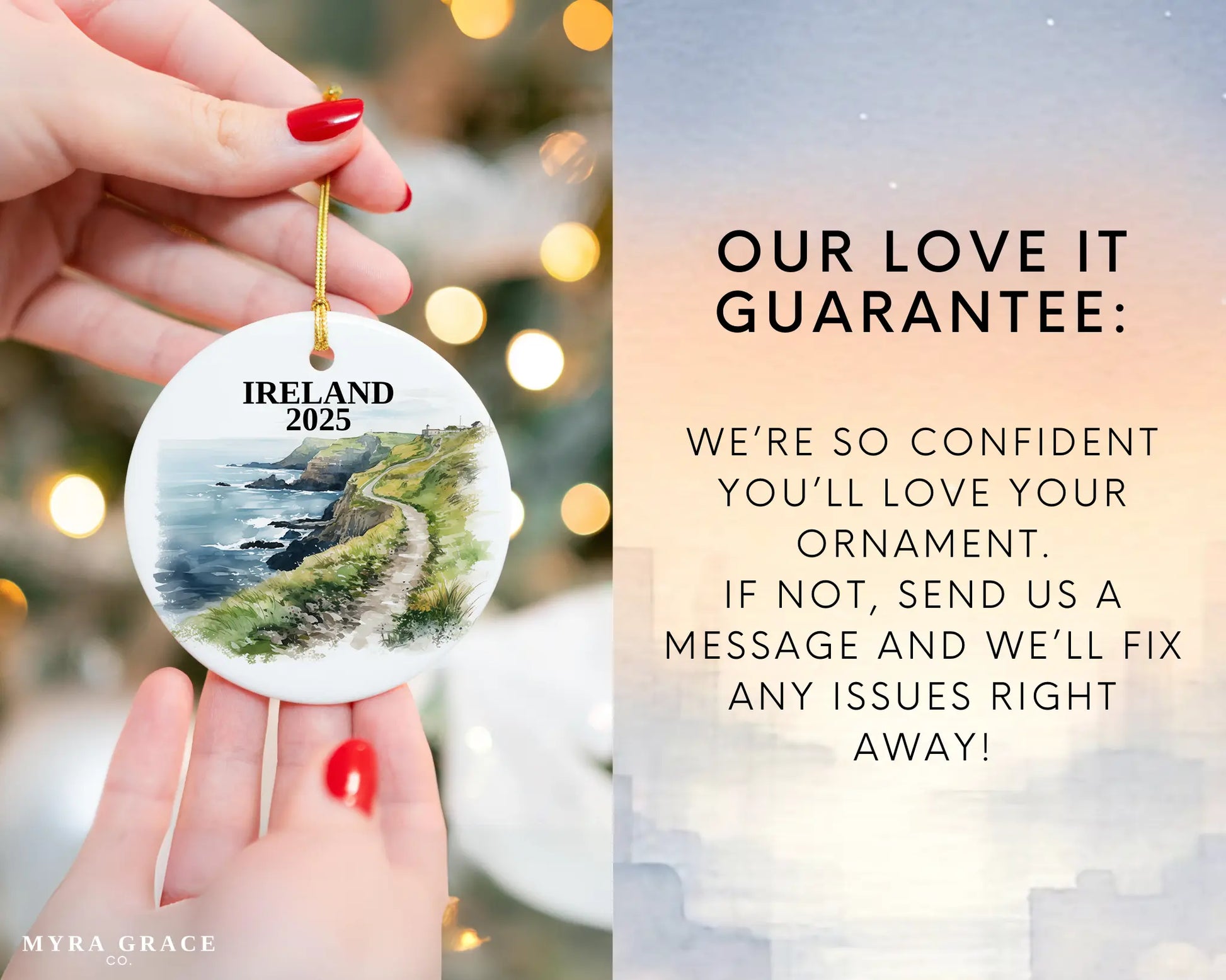 Custom Ireland Cliffs of Moher ceramic photo ornament with personalized message – handmade Christmas bauble, gift souvenir, or vacation keepsake.  Love it guarantee