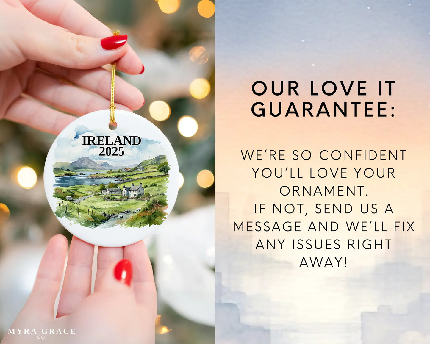 Custom Ireland ceramic photo ornament with personalized message – handmade Christmas bauble, gift souvenir, or vacation keepsake.  love it guarantee
