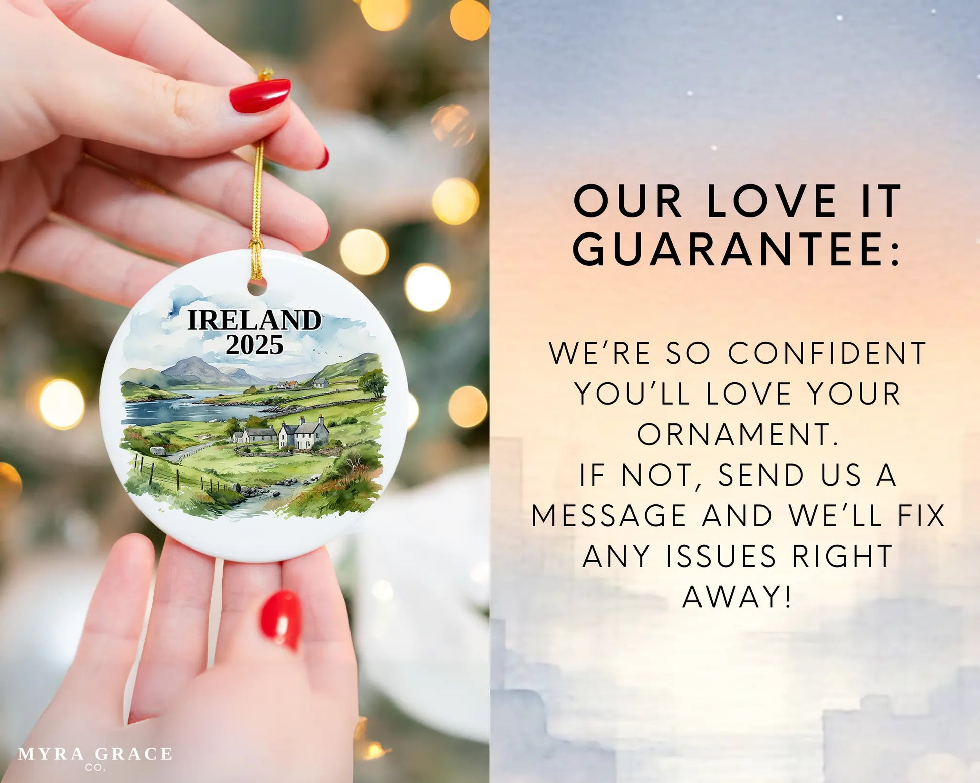 Custom Ireland ceramic photo ornament with personalized message – handmade Christmas bauble, gift souvenir, or vacation keepsake.  love it guarantee