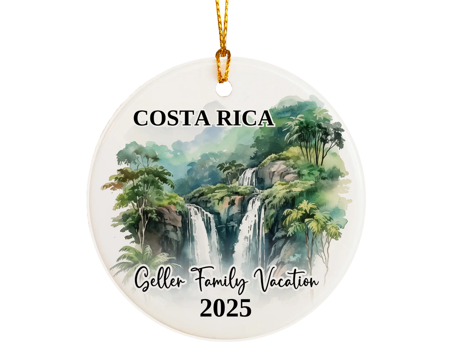 Custom vacation Costa Rica ceramic photo ornament with personalized message – handmade Christmas bauble, gift souvenir, or vacation keepsake. 