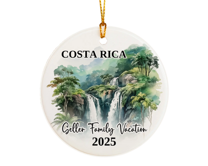 Custom vacation Costa Rica ceramic photo ornament with personalized message – handmade Christmas bauble, gift souvenir, or vacation keepsake. 