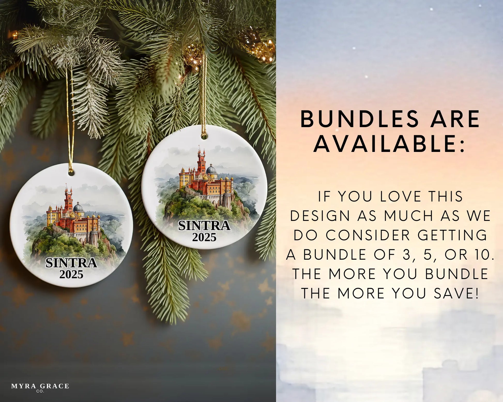 Sintra Portugal Ornament Custom Gift Souvenir Bauble. Custom Sintra Portugal ceramic photo ornament with personalized message – handmade Christmas bauble, gift souvenir, or vacation keepsake.  Bundles are available