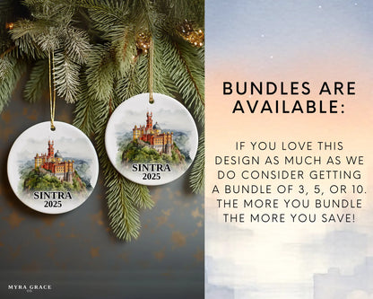 Sintra Portugal Ornament Custom Gift Souvenir Bauble. Custom Sintra Portugal ceramic photo ornament with personalized message – handmade Christmas bauble, gift souvenir, or vacation keepsake.  Bundles are available
