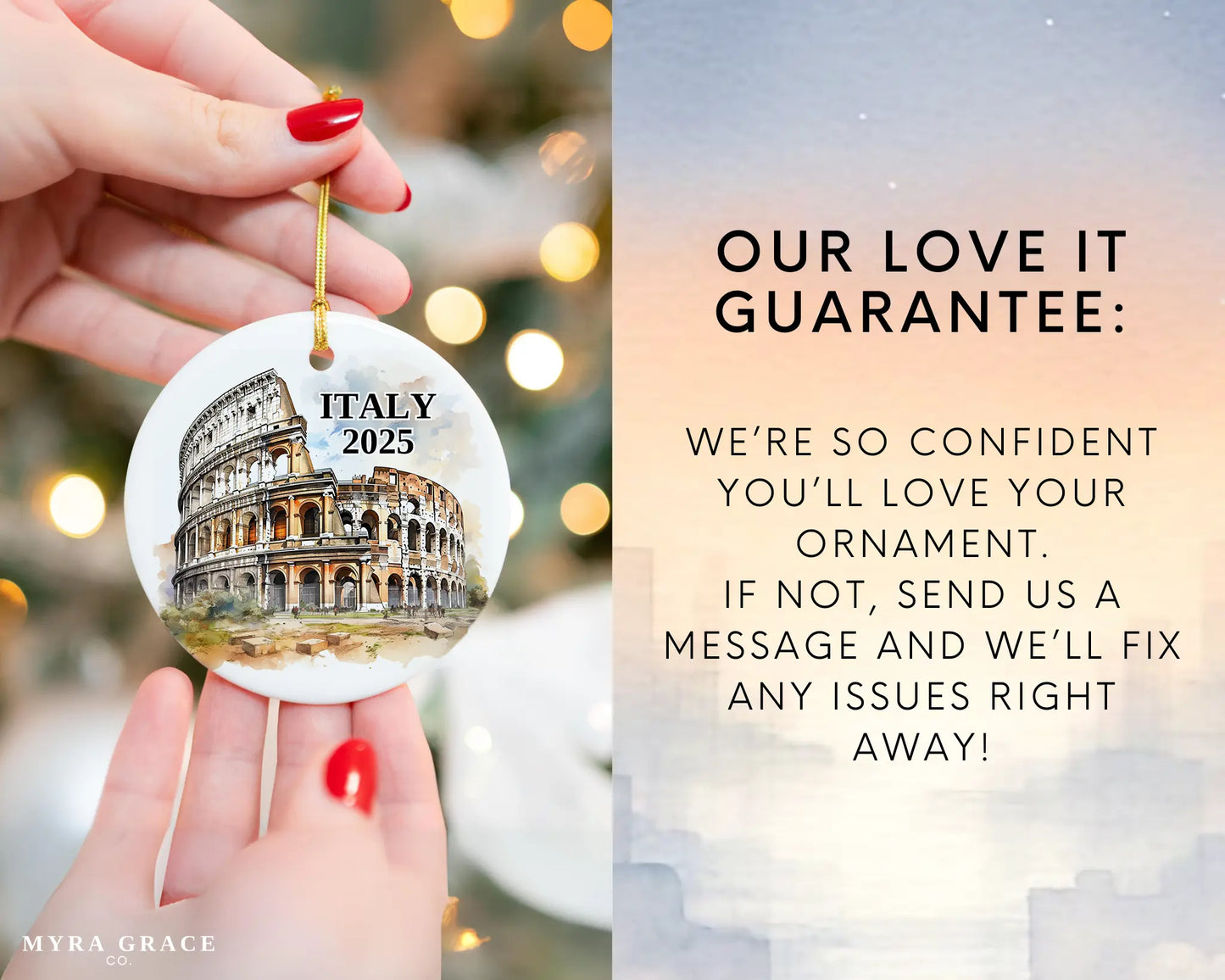 Custom Italy Rome Colosseum ceramic photo ornament with personalized message – handmade Christmas bauble, gift souvenir, or vacation keepsake.  Love it guarantee