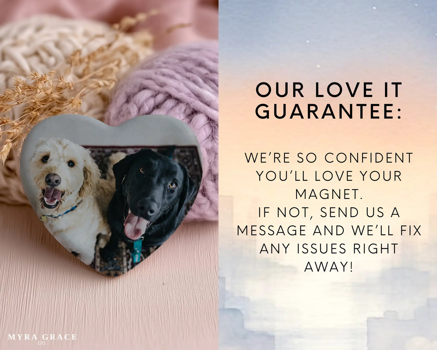 Heart-shaped custom dog ceramic photo magnet on fridge – handmade personalized gift or Christmas fridge magnet. Love it guarantee