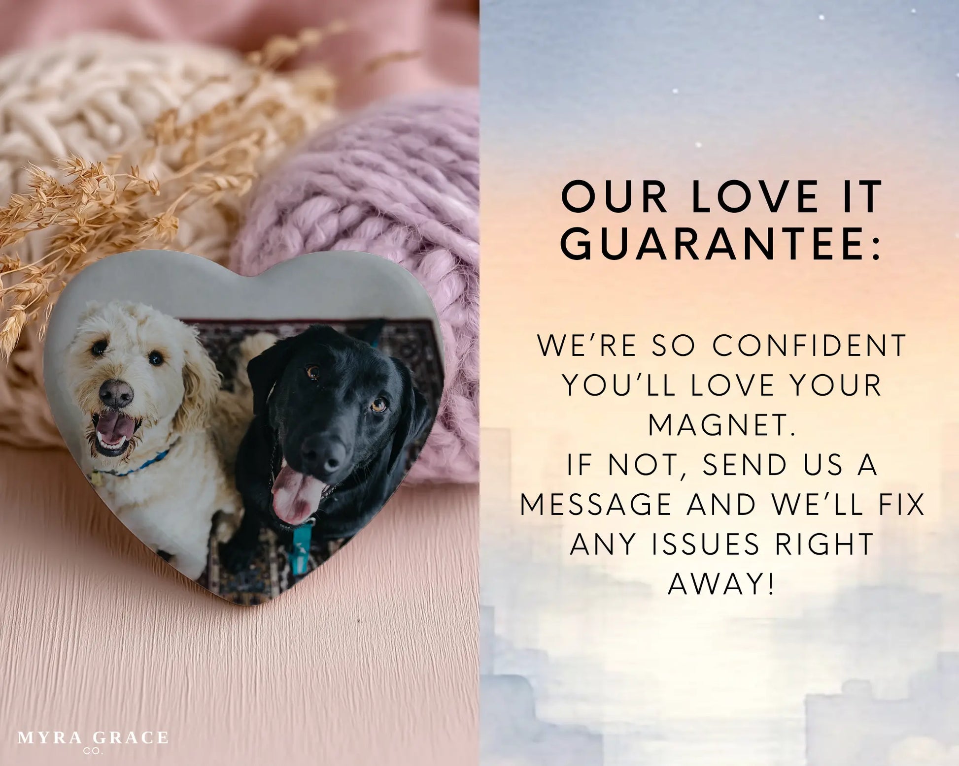 Heart-shaped custom dog ceramic photo magnet on fridge – handmade personalized gift or Christmas fridge magnet. Love it guarantee
