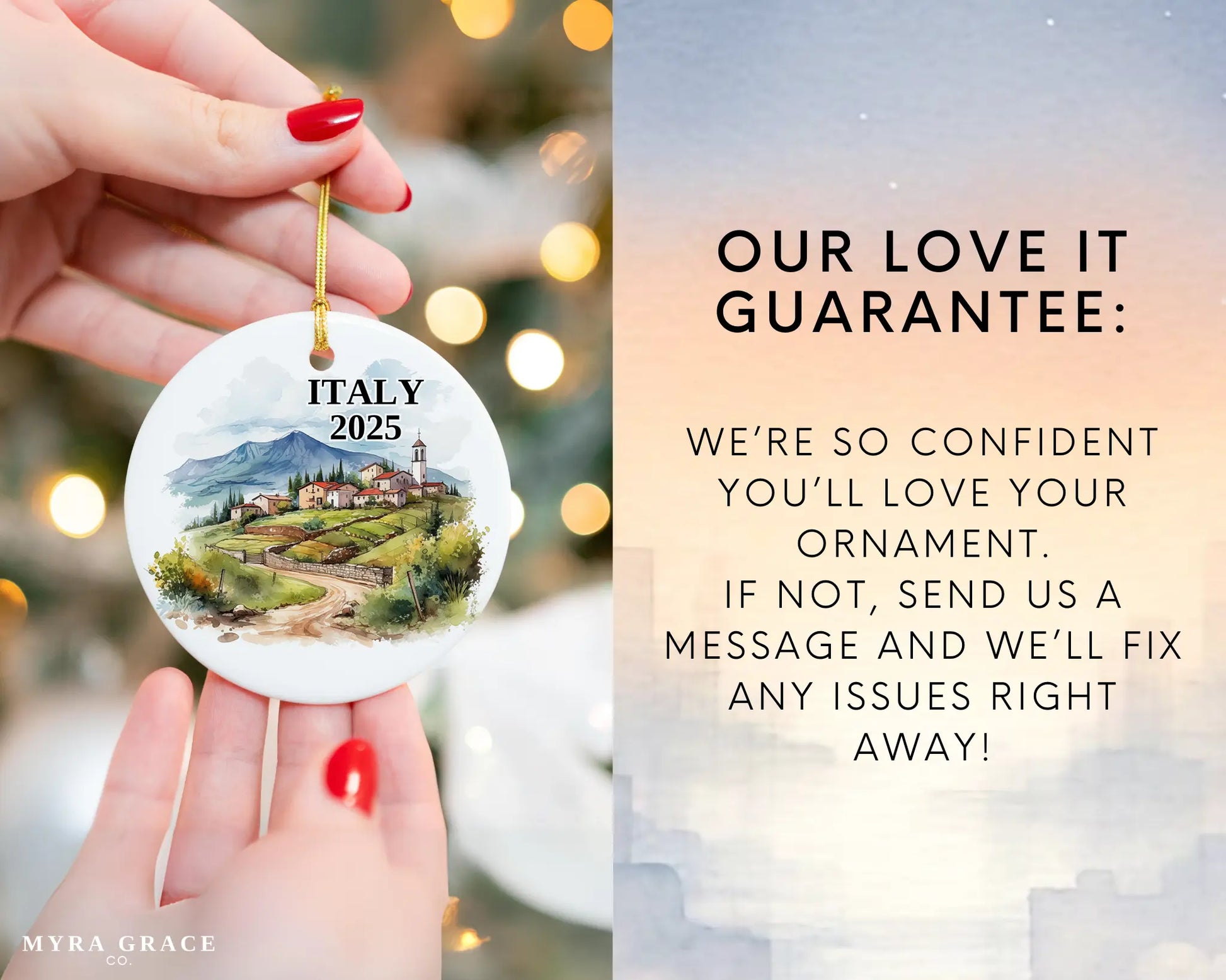 Custom Italy ceramic photo ornament with personalized message – handmade Christmas bauble, gift souvenir, or vacation keepsake.  Love it guarantee