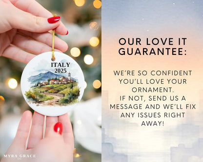 Custom Italy ceramic photo ornament with personalized message – handmade Christmas bauble, gift souvenir, or vacation keepsake.  Love it guarantee