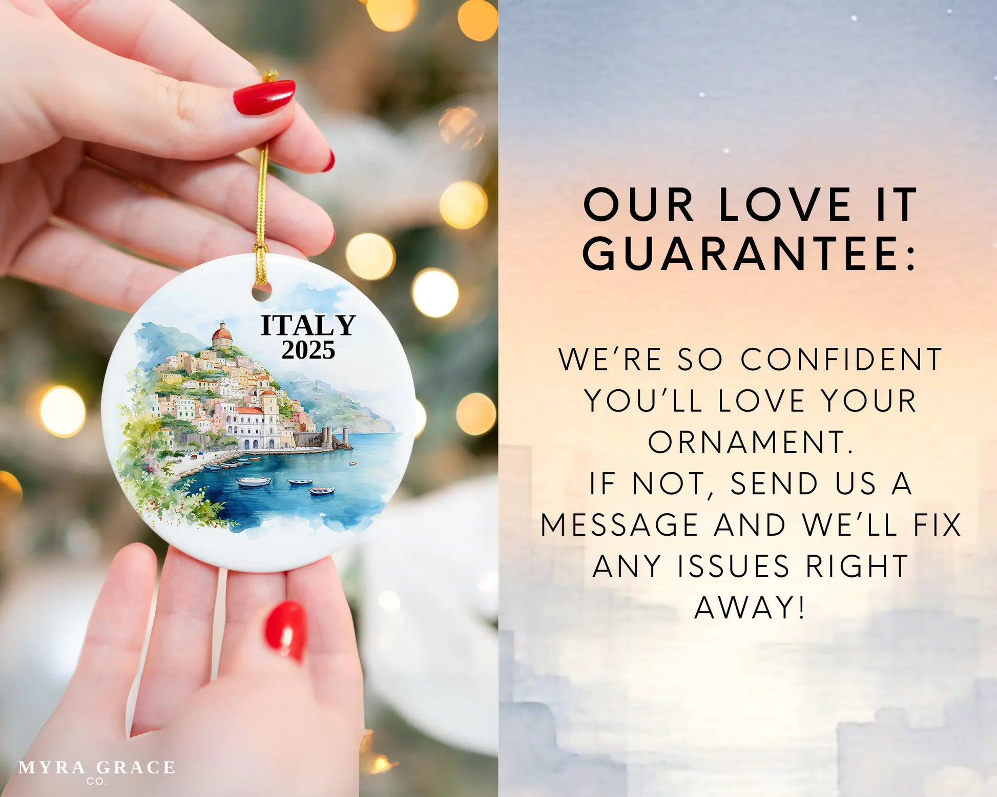 Custom Amalfi Coast Italy ceramic photo ornament with personalized message – handmade Christmas bauble, gift souvenir, or vacation keepsake.  Love it guarantee