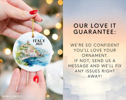 Custom Amalfi Coast Italy ceramic photo ornament with personalized message – handmade Christmas bauble, gift souvenir, or vacation keepsake.  Love it guarantee