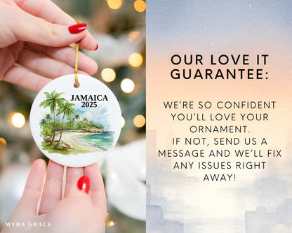 Custom Jamaica ceramic photo ornament with personalized message – handmade Christmas bauble, gift souvenir, or vacation keepsake.  Love it guarantee
