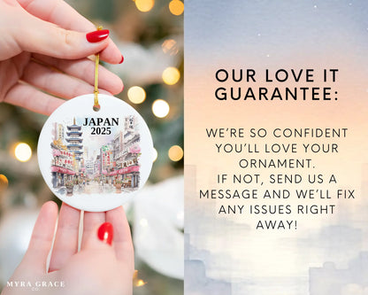 Custom Japan ceramic photo ornament with personalized message – handmade Christmas bauble, gift souvenir, or vacation keepsake.  Love it guarantee