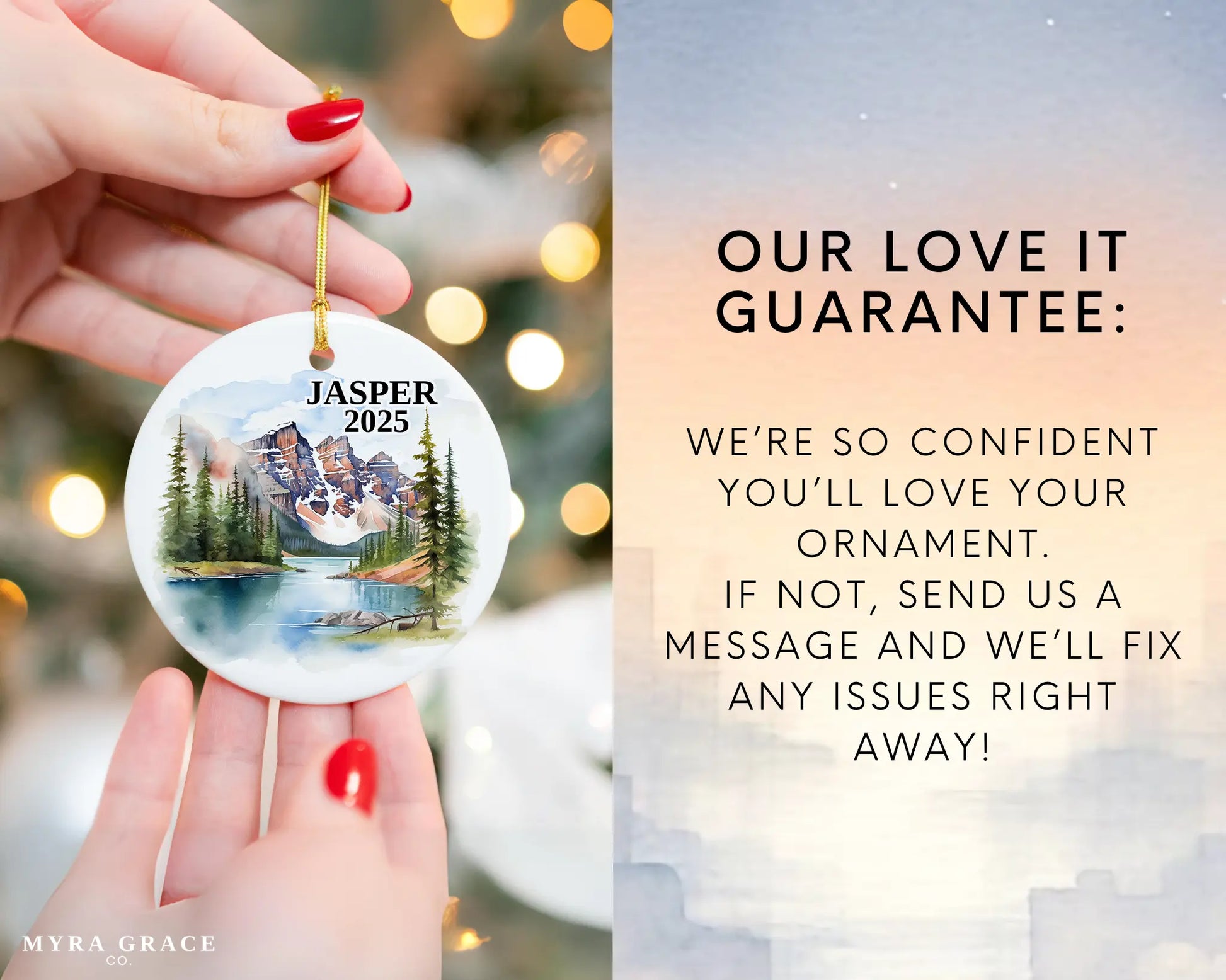 Custom Jasper Alberta Canada ceramic photo ornament with personalized message – handmade Christmas bauble, gift souvenir, or vacation keepsake.  Love it guarantee