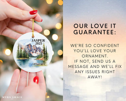 Custom Jasper Alberta Canada ceramic photo ornament with personalized message – handmade Christmas bauble, gift souvenir, or vacation keepsake.  Love it guarantee