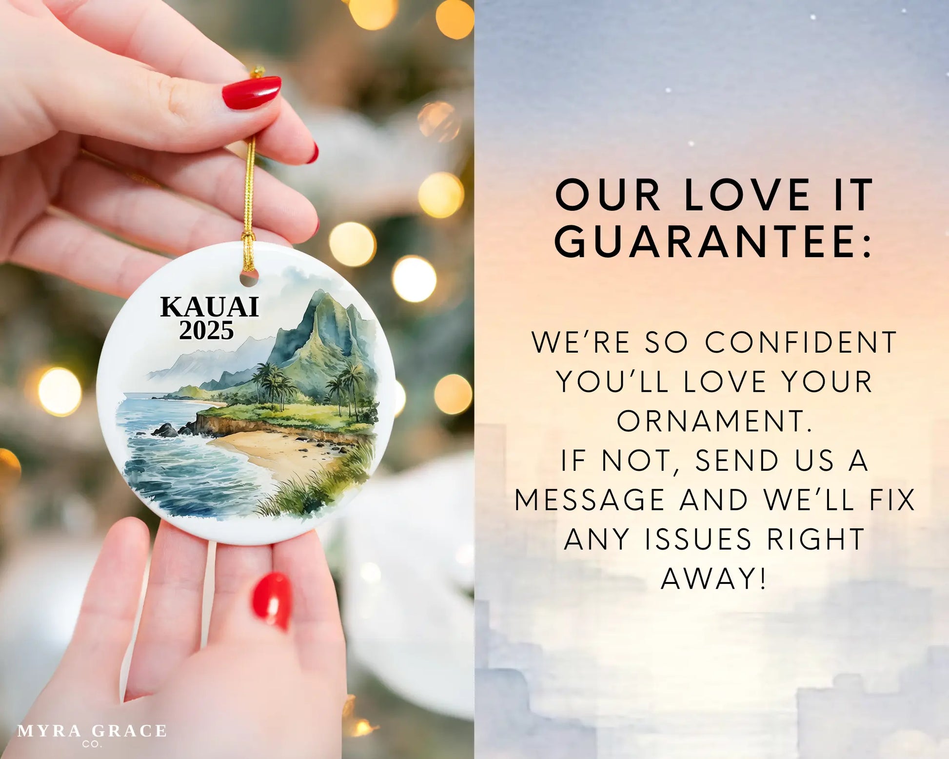Custom Kauai Hawaii ceramic photo ornament with personalized message – handmade Christmas bauble, gift souvenir, or vacation keepsake.  Love it guarantee