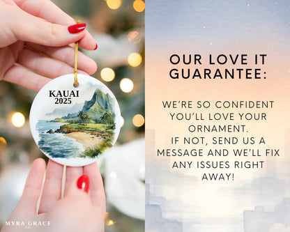 Custom Kauai Hawaii ceramic photo ornament with personalized message – handmade Christmas bauble, gift souvenir, or vacation keepsake.  Love it guarantee