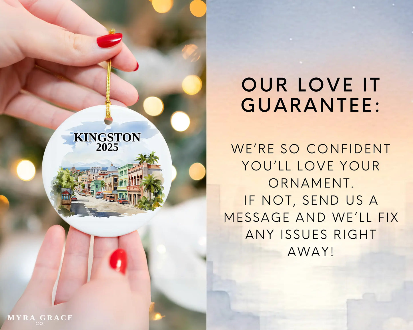Custom Kingston Jamaica ceramic photo ornament with personalized message – handmade Christmas bauble, gift souvenir, or vacation keepsake.  Love it guarantee