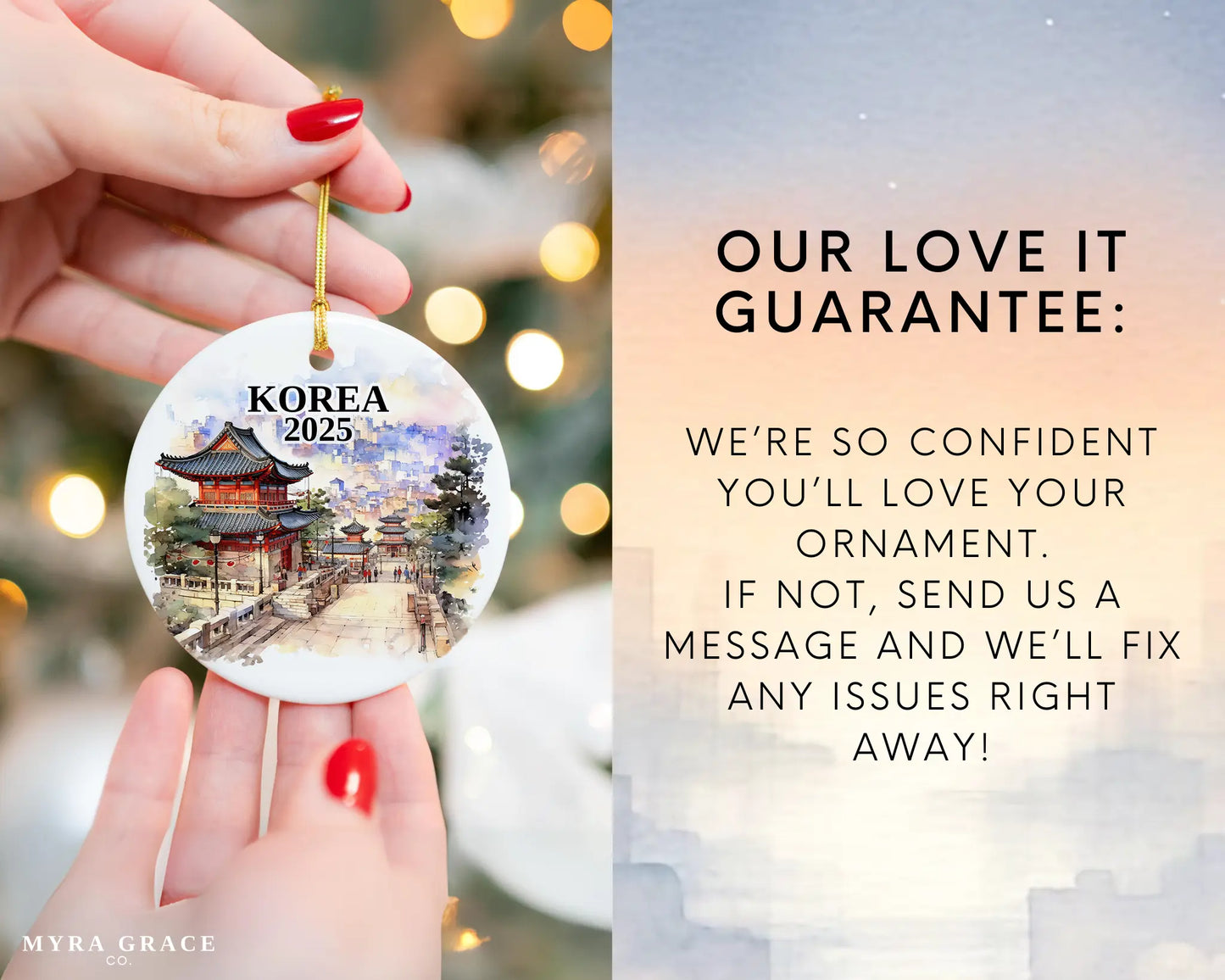 Custom Korea ceramic photo ornament with personalized message – handmade Christmas bauble, gift souvenir, or vacation keepsake.  Love it guarantee