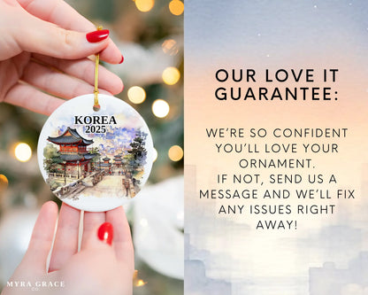 Custom Korea ceramic photo ornament with personalized message – handmade Christmas bauble, gift souvenir, or vacation keepsake.  Love it guarantee