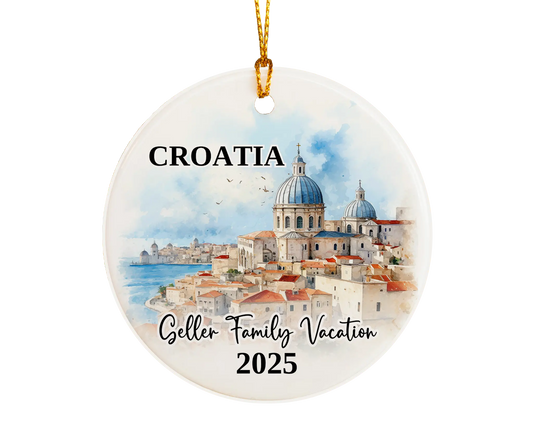 Custom vacation Croatia ceramic photo ornament with personalized message – handmade Christmas bauble, gift souvenir, or vacation keepsake. 