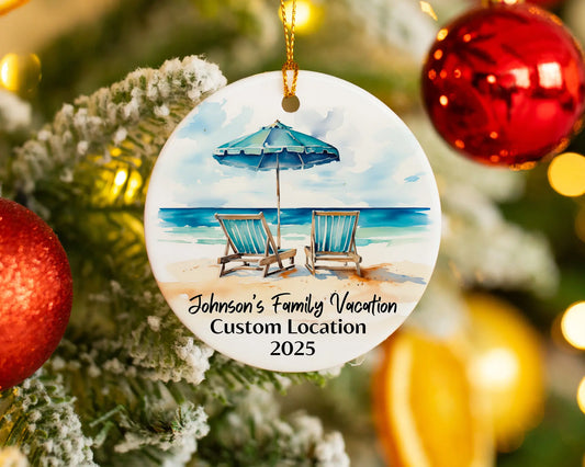 Custom vacation ceramic photo ornament with personalized message – handmade Christmas bauble, gift souvenir, or vacation keepsake. 