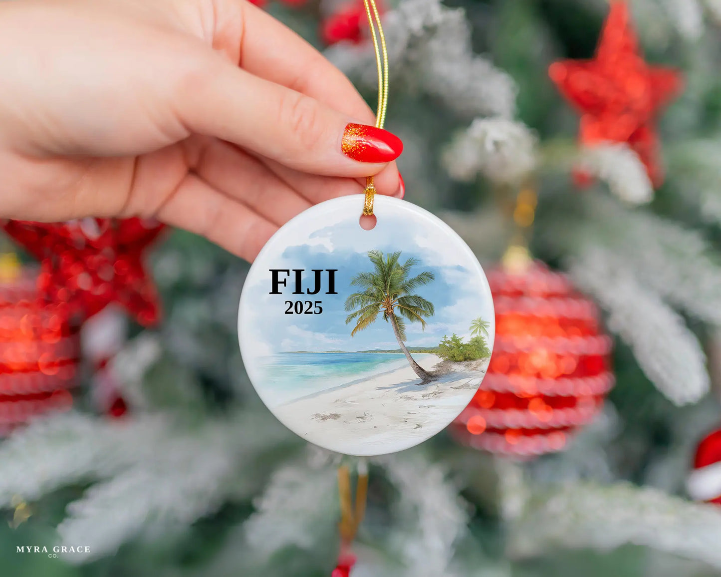 Custom Fiji ceramic photo ornament with personalized message – handmade Christmas bauble, gift souvenir, or vacation keepsake.  