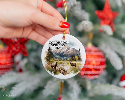 Custom Colorado Springs ceramic photo ornament with personalized message – handmade Christmas bauble, gift souvenir, or vacation keepsake.  