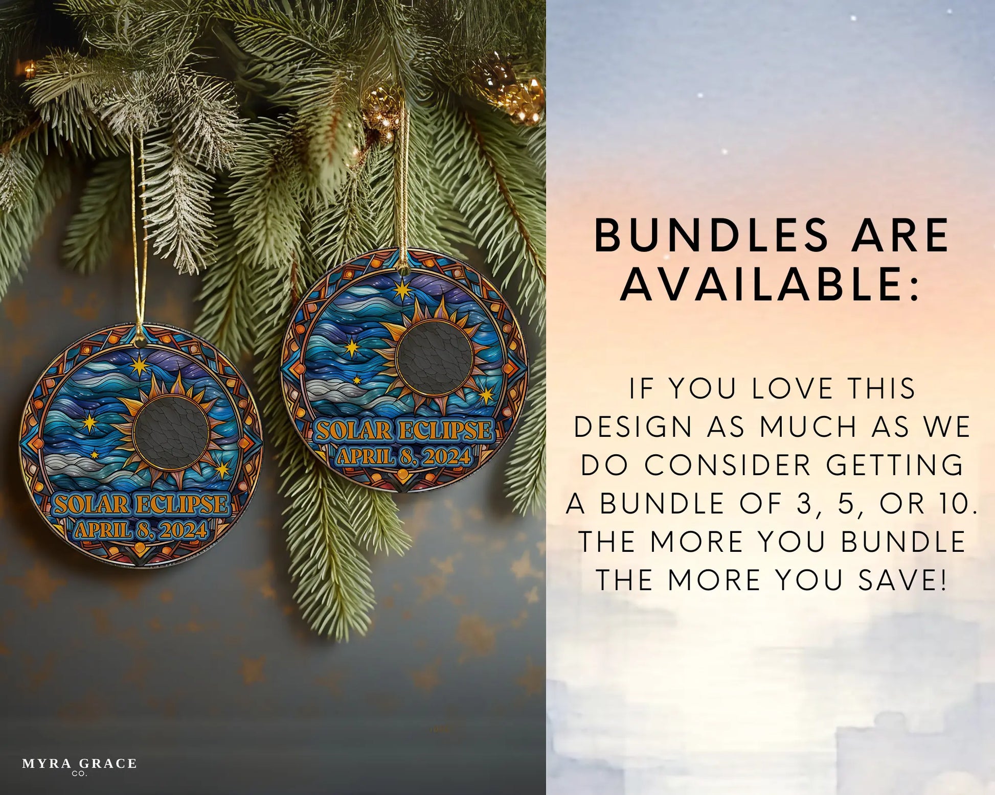 Ceramic solar eclipse 2024 ornament with celestial design – space-themed gift or keepsake. Bundles are available