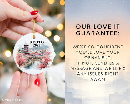 Custom Kyoto Japan ceramic photo ornament with personalized message – handmade Christmas bauble, gift souvenir, or vacation keepsake.  Love it guarantee