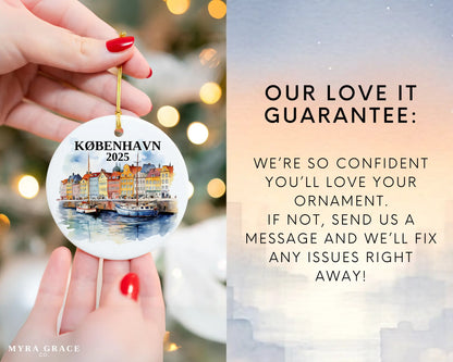 Custom København Copenhagen Denmark ceramic photo ornament with personalized message – handmade Christmas bauble, gift souvenir, or vacation keepsake.  Love it guarantee