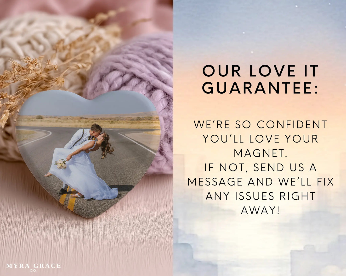 Heart-shaped custom Wedding ceramic photo magnet on fridge – handmade personalized gift or Christmas fridge magnet. Love it guarantee