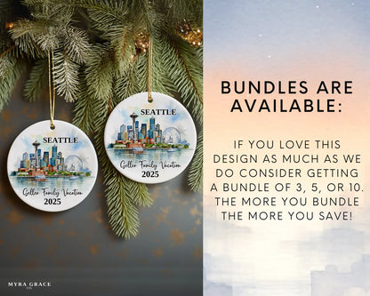 Custom vacation Seattle ceramic photo ornament with personalized message – handmade Christmas bauble, gift souvenir, or vacation keepsake. Bundles are available