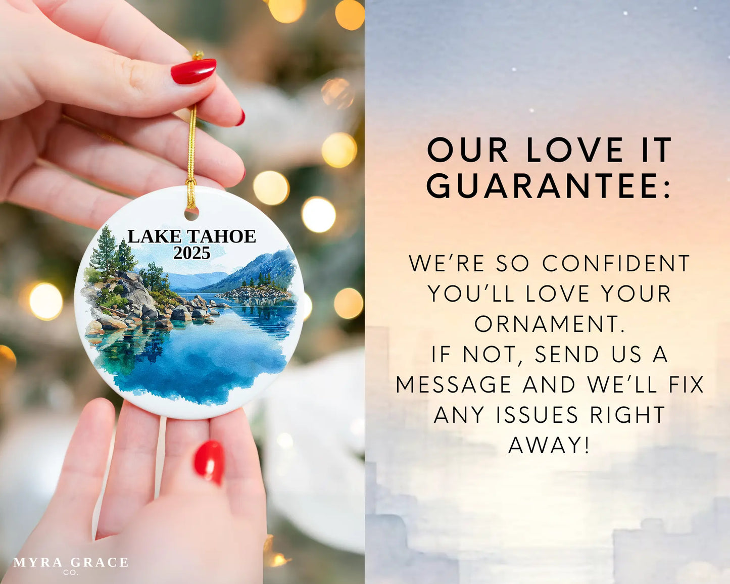 Custom Lake Tahoe California Nevada ceramic photo ornament with personalized message – handmade Christmas bauble, gift souvenir, or vacation keepsake.  Love it guarantee