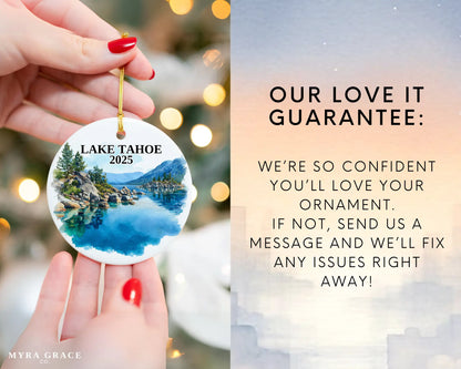 Custom Lake Tahoe California Nevada ceramic photo ornament with personalized message – handmade Christmas bauble, gift souvenir, or vacation keepsake.  Love it guarantee