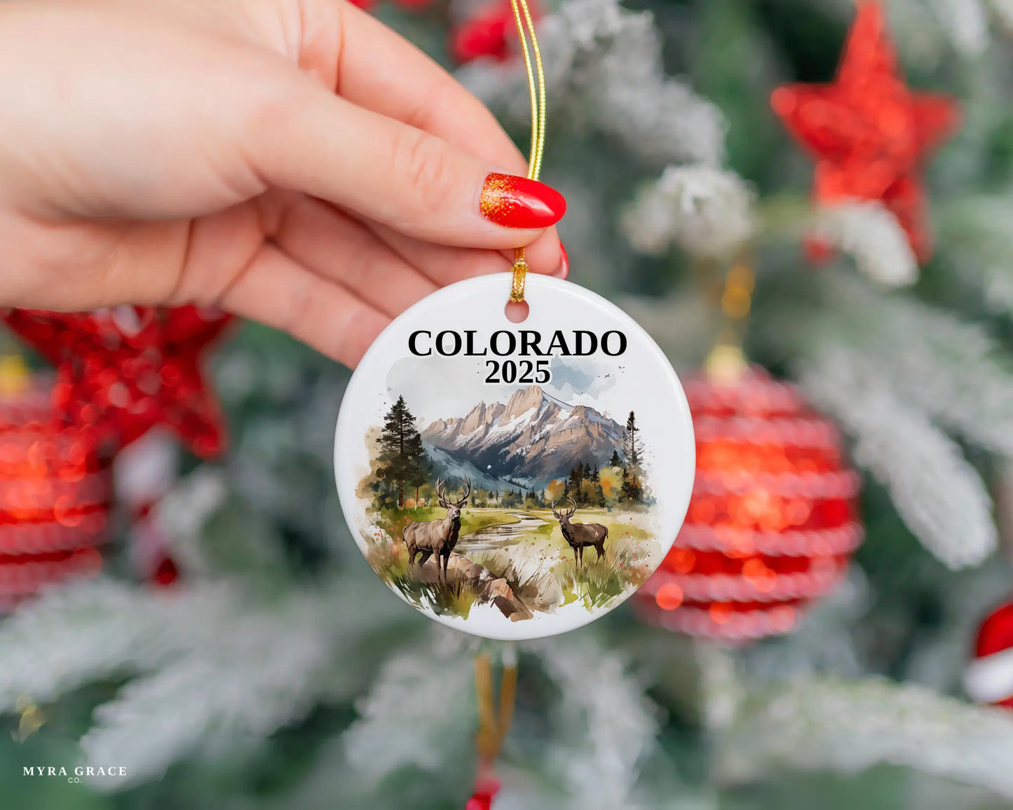 Custom Colorado ceramic photo ornament with personalized message – handmade Christmas bauble, gift souvenir, or vacation keepsake.  