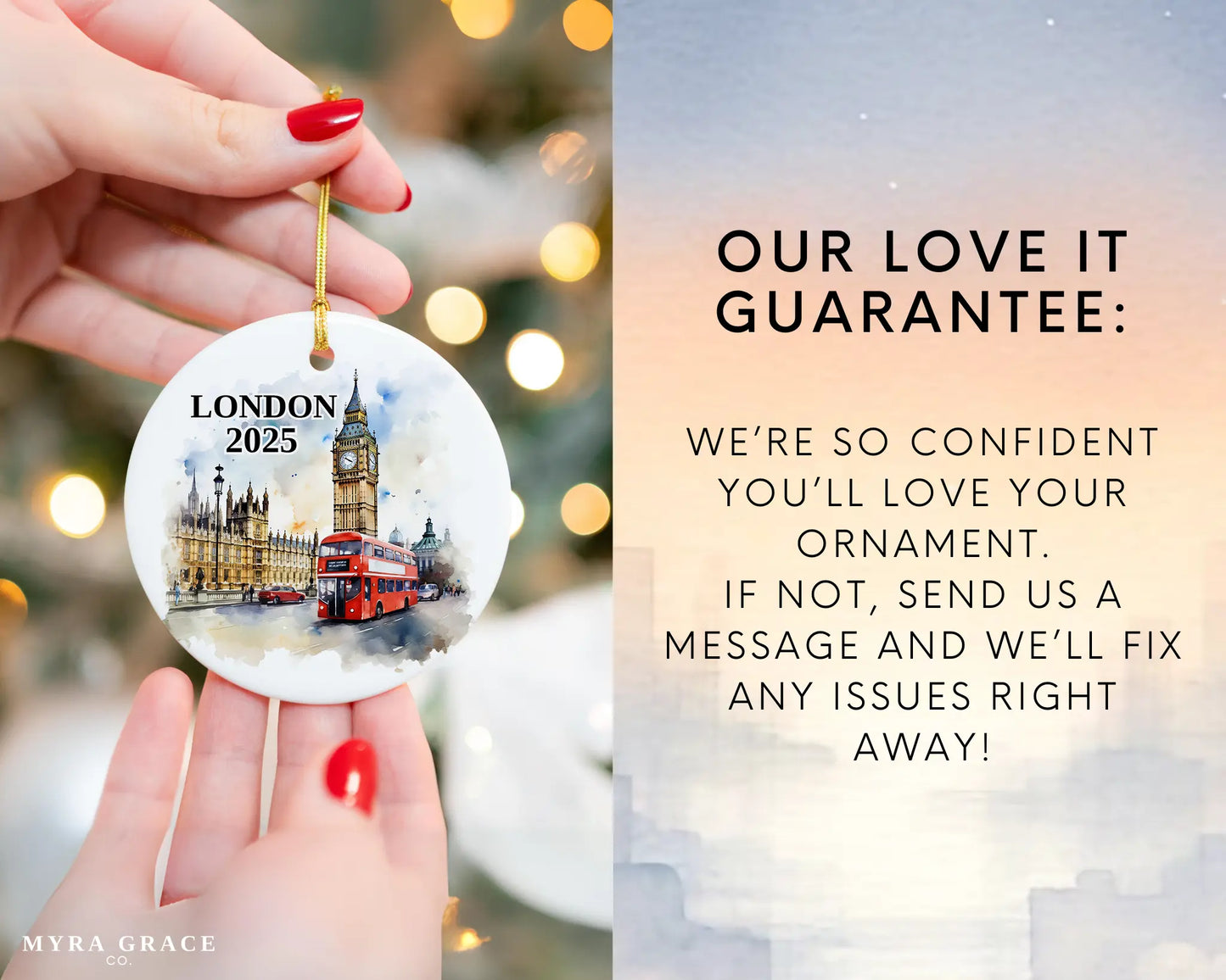 Custom London UK ceramic photo ornament with personalized message – handmade Christmas bauble, gift souvenir, or vacation keepsake.  Love it guarantee