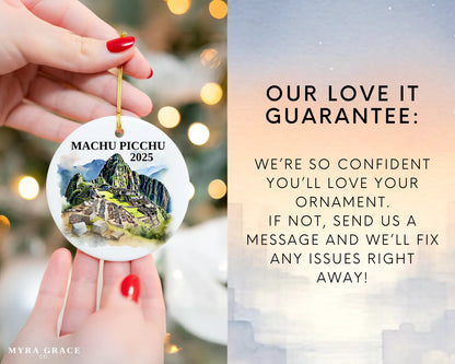 Custom Machu Picchu ceramic photo ornament with personalized message – handmade Christmas bauble, gift souvenir, or vacation keepsake.  Love it guarantee