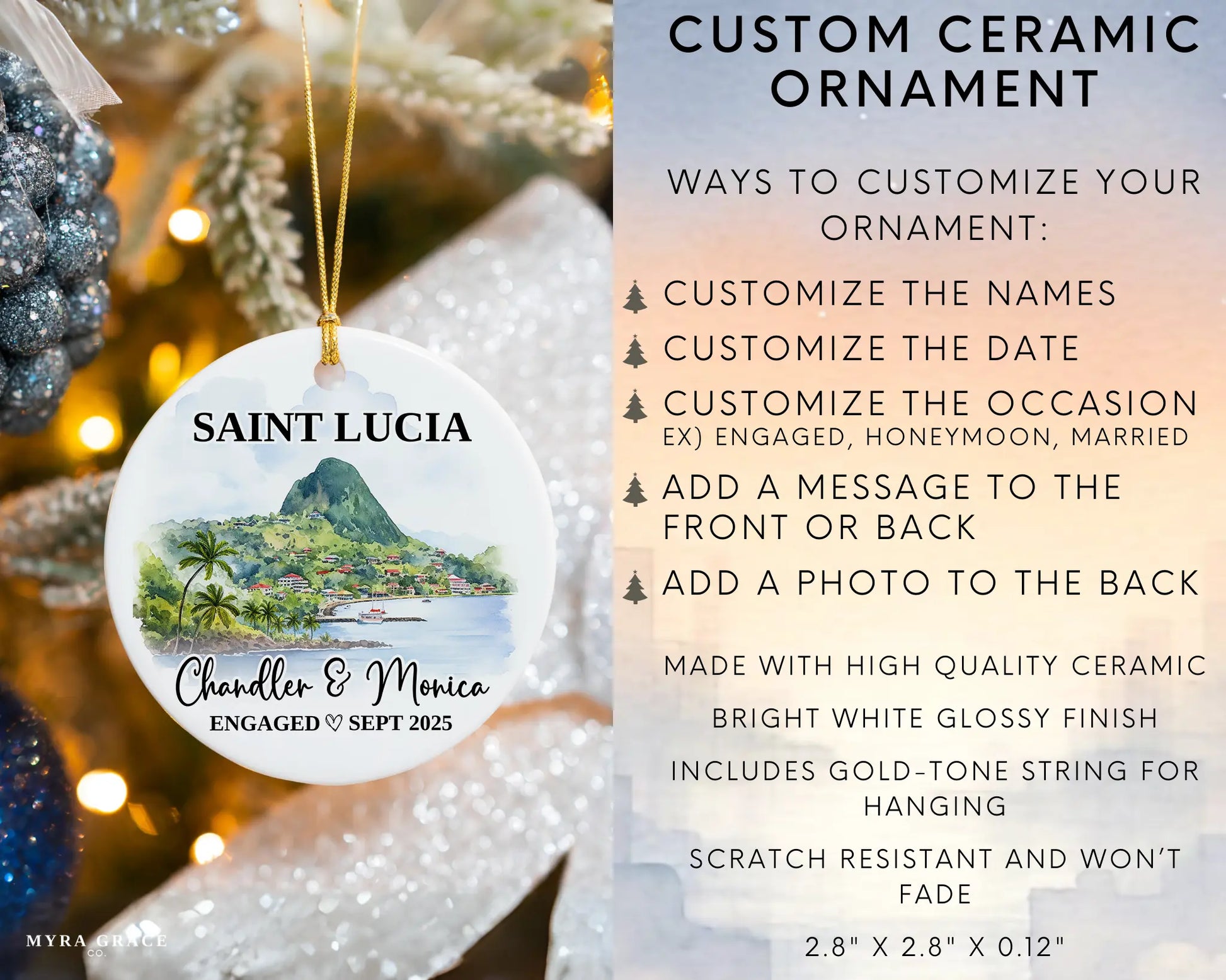Saint Lucia Engagement Ornament Custom Gift Souvenir Bauble Present. Infographic