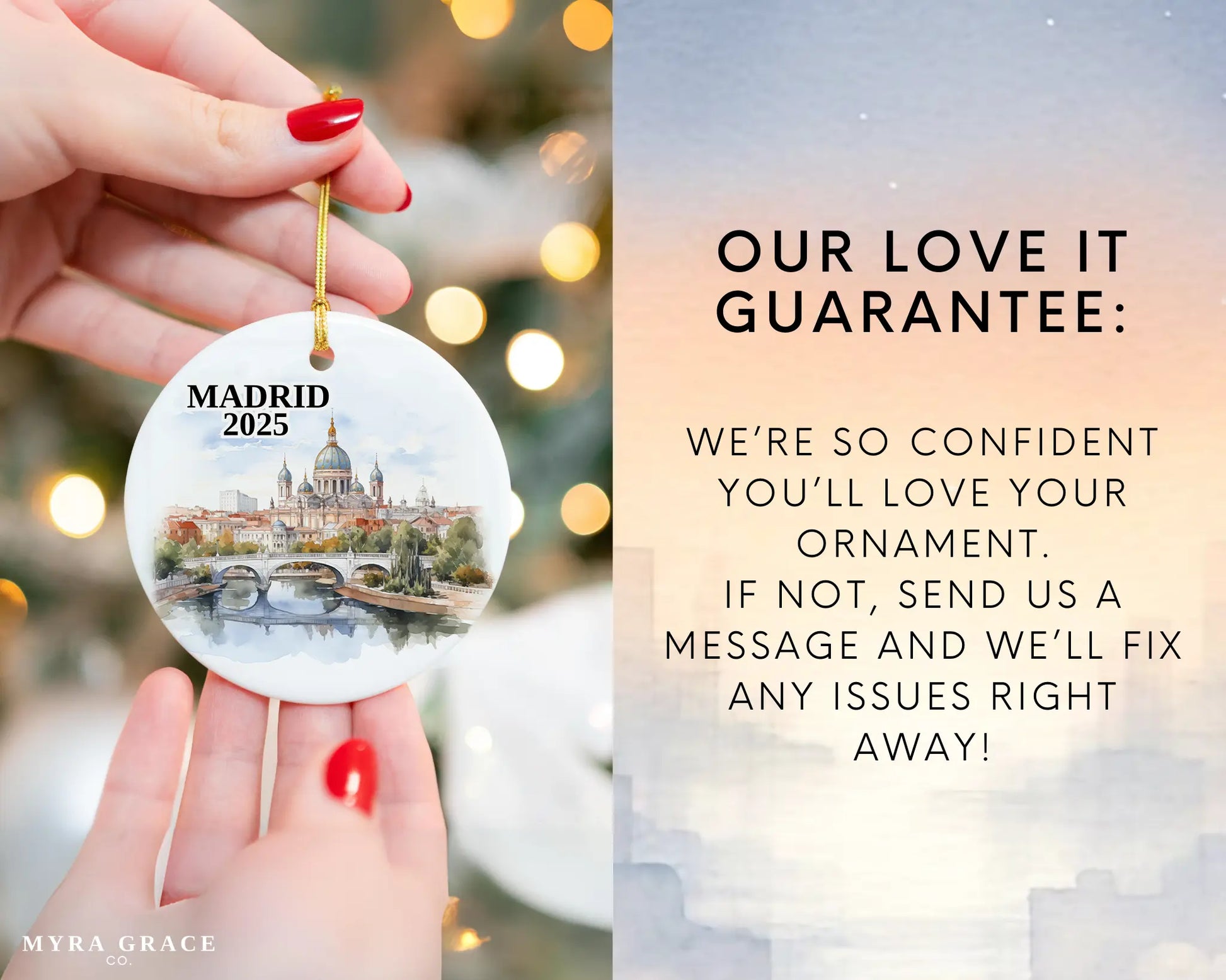 Custom Madrid Spain ceramic photo ornament with personalized message – handmade Christmas bauble, gift souvenir, or vacation keepsake.  Love it guarantee