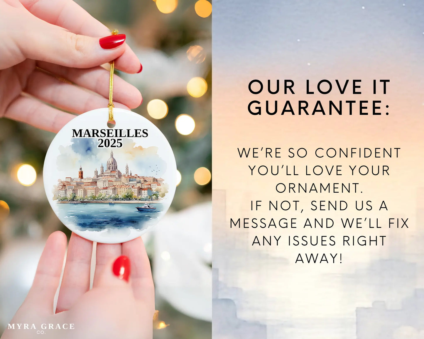 Custom Marseilles France ceramic photo ornament with personalized message – handmade Christmas bauble, gift souvenir, or vacation keepsake.  love it guarantee