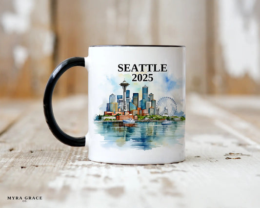 Custom ceramic Seattle vacation mug with watercolor location design, date, and personal photo – personalized travel gift or photo mug.