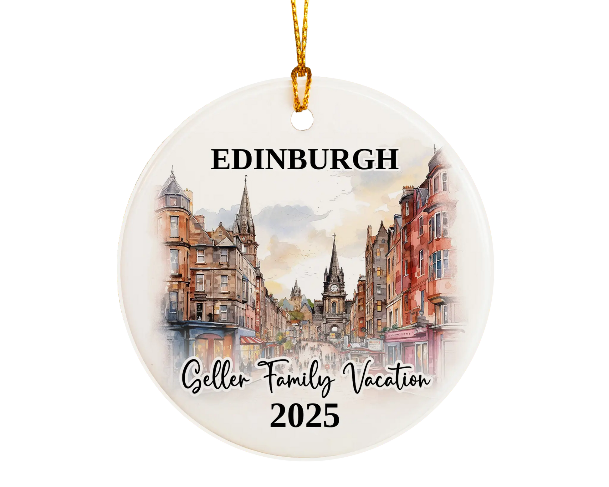 Custom vacation Edinburgh Scotland ceramic photo ornament with personalized message – handmade Christmas bauble, gift souvenir, or vacation keepsake. 