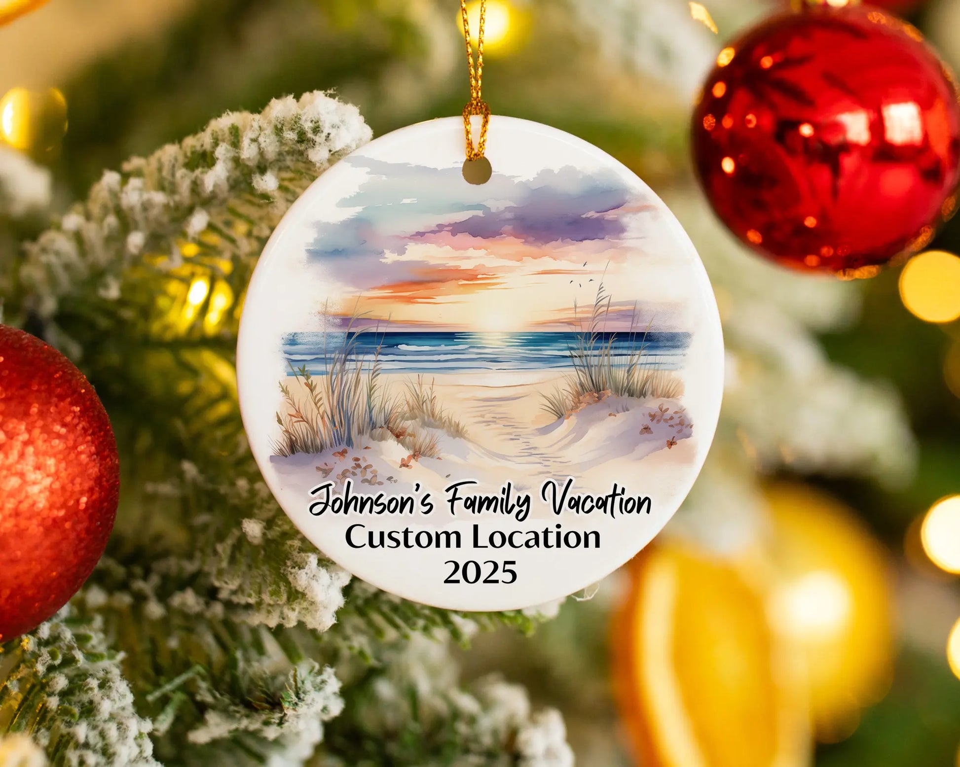 Custom vacation ceramic photo ornament with personalized message – handmade Christmas bauble, gift souvenir, or vacation keepsake. 
