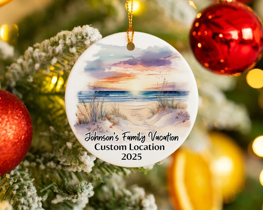 Custom vacation ceramic photo ornament with personalized message – handmade Christmas bauble, gift souvenir, or vacation keepsake. 