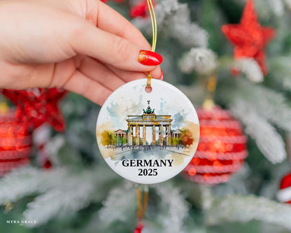 Custom Germany Berlin Gate ceramic photo ornament with personalized message – handmade Christmas bauble, gift souvenir, or vacation keepsake.  