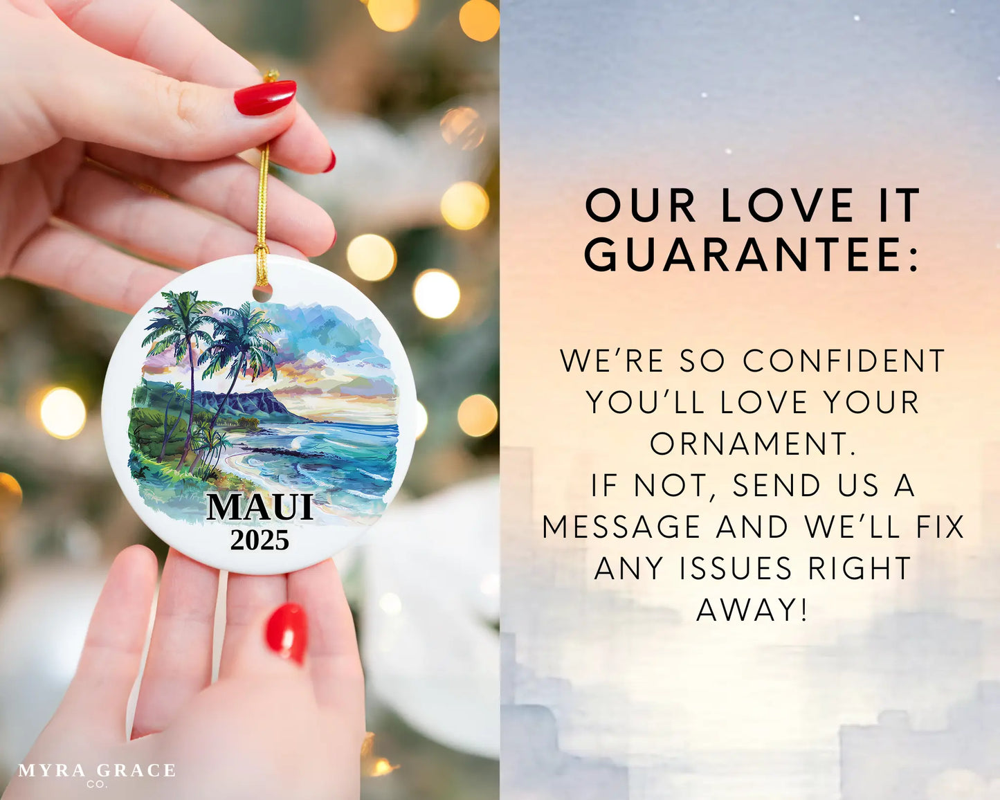 Custom Maui Hawaii ceramic photo ornament with personalized message – handmade Christmas bauble, gift souvenir, or vacation keepsake.  Love it guarantee