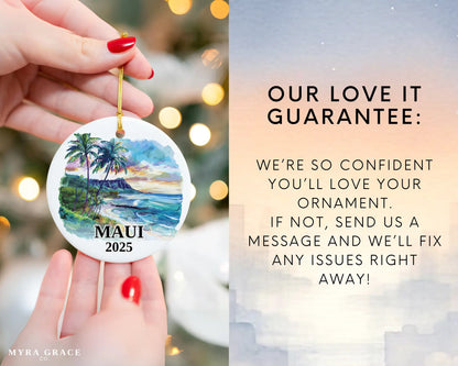 Custom Maui Hawaii ceramic photo ornament with personalized message – handmade Christmas bauble, gift souvenir, or vacation keepsake.  Love it guarantee