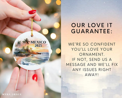 Custom Mexico ceramic photo ornament with personalized message – handmade Christmas bauble, gift souvenir, or vacation keepsake.  Love it guarantee