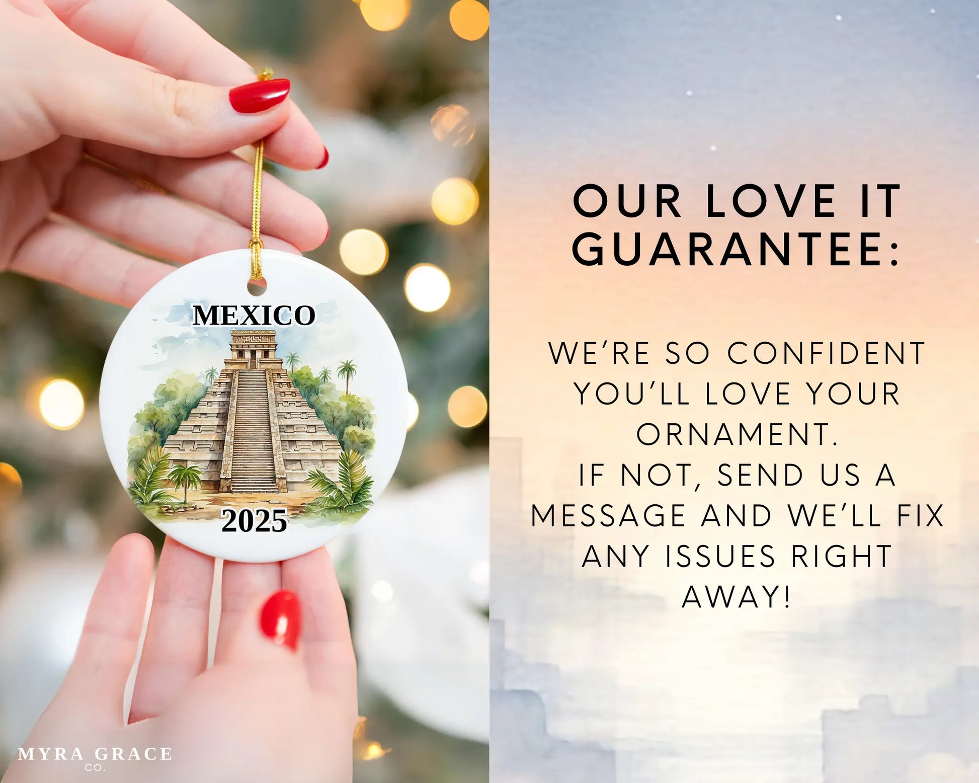 Custom Mexico Pyramids ceramic photo ornament with personalized message – handmade Christmas bauble, gift souvenir, or vacation keepsake.  Love it guarantee