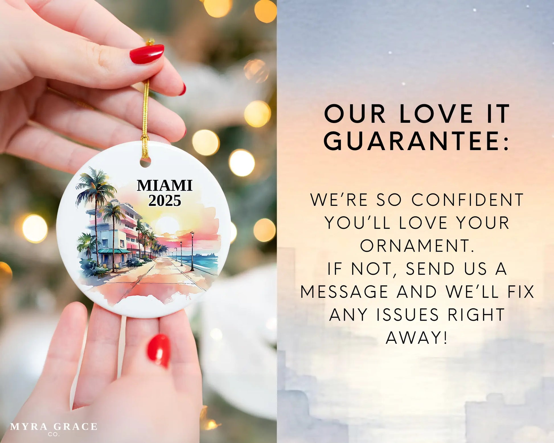 Custom Miami Florida ceramic photo ornament with personalized message – handmade Christmas bauble, gift souvenir, or vacation keepsake.  Love it guarantee